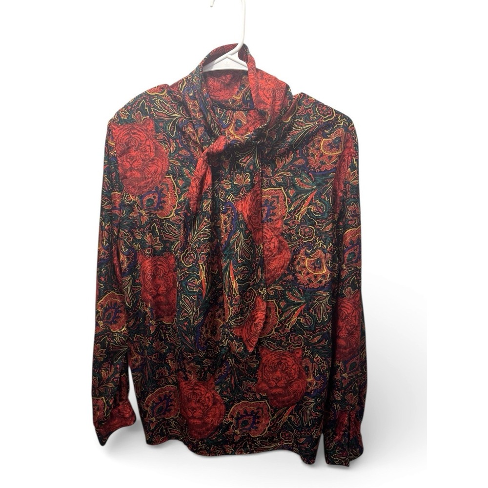 Vintage Andre Sauvage Multicolor Paisley Tiger Print Long Sleeve Blouse Sz 8 EUC